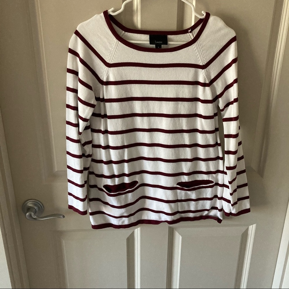 Ivory and Burgundy Striped Sweater with Pockets